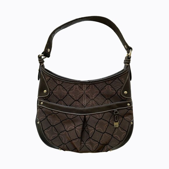 Nine West Crescent Shoulder Bag Chocolate Brown Geo Charm Leather Stud 90s Y2K - Picture 1 of 5